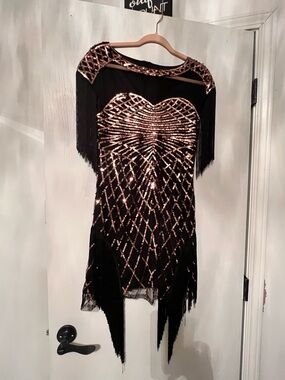 Black & Rose Gold Sequin Fringe Evening Dress